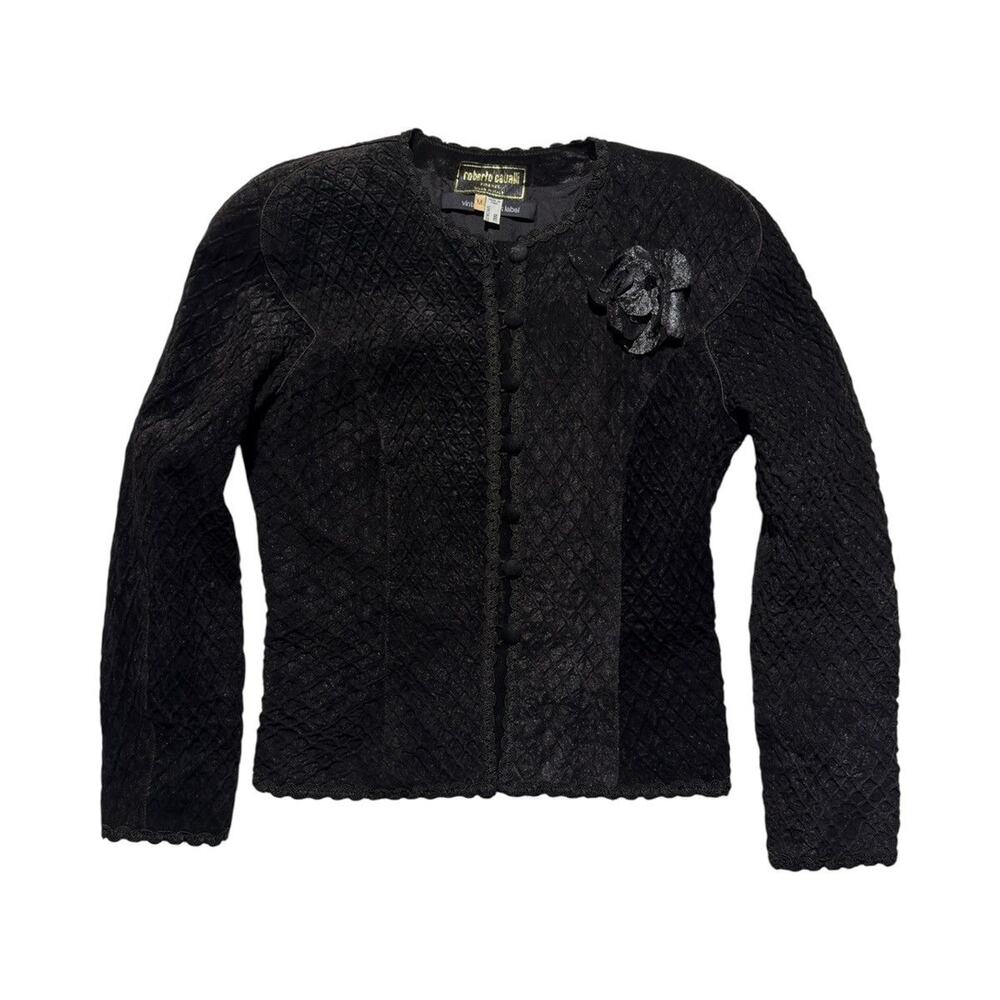Black label leather floral appliqué jacket